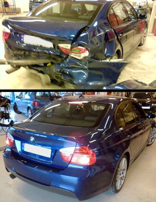 Bulket BMW før og etter reparasjon